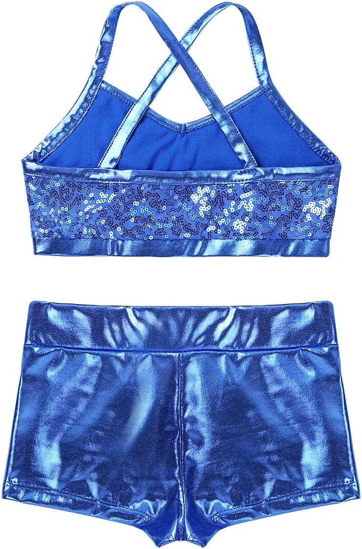 Детский спортивный костюм с пайетками winying, топ и шорты, Light_blue — фото 4
