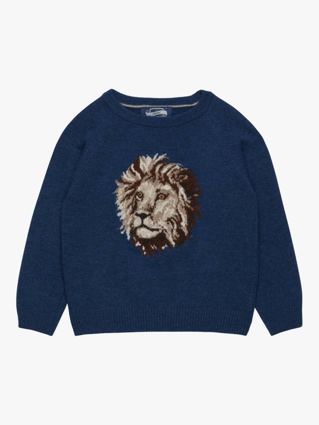 

Детский свитер Augustus с принтом льва из шерстяной смеси Trotters, Denim Blue Marl