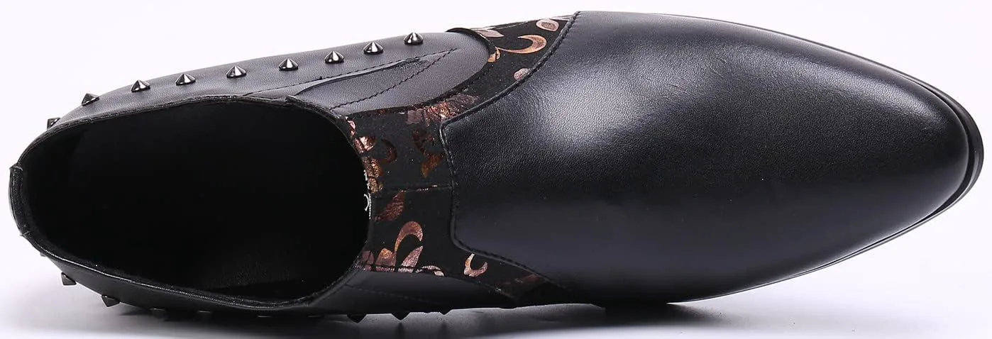 

Мужские туфли Santimon из натуральной кожи черного цвета с толстым каблуком - лоферы без шнурков с декоративным металлом, заклепками, тиснением и молнией - для вечеринок, официальных мероприятий, готического стиля и офиса, черный