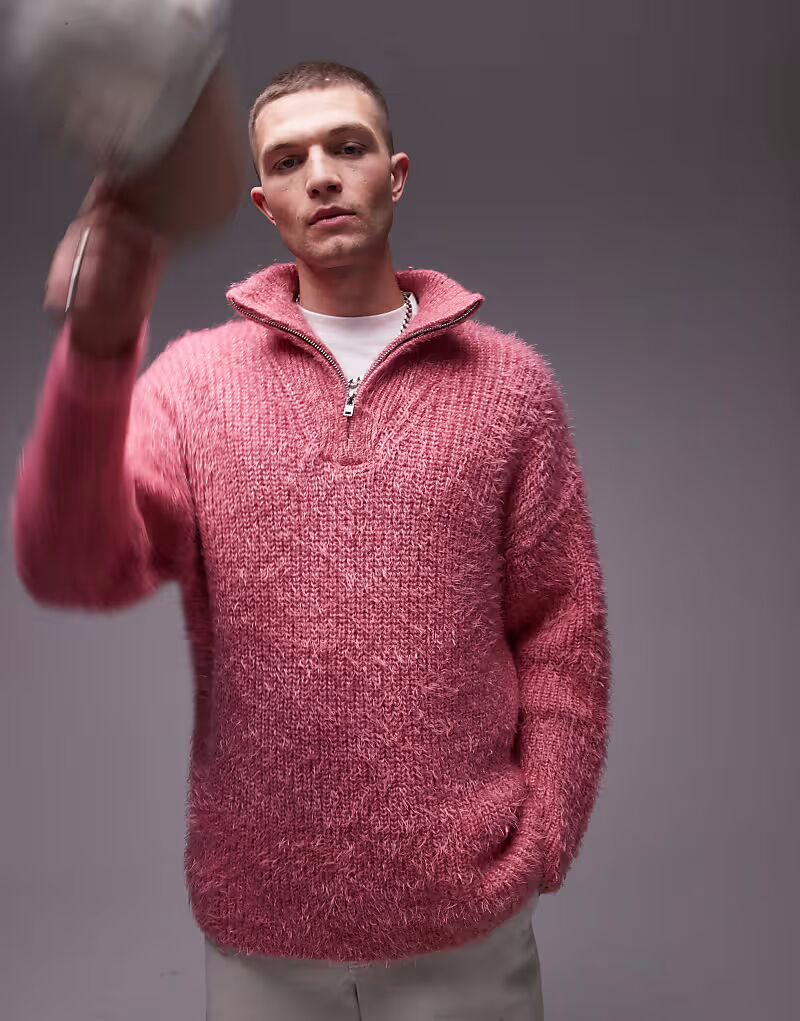 

Пушистая вязаная кофта Topman с застежкой-молнией 1/4 розового цвета