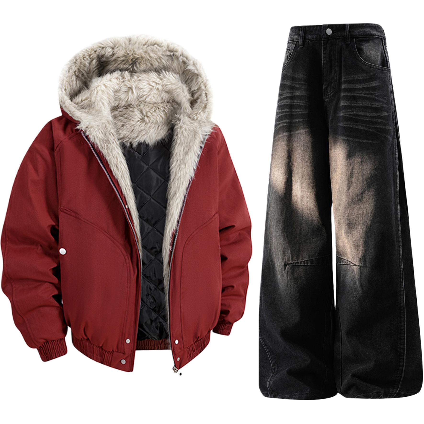 

Толстовка Casual Sportswear утепленная с капюшоном унисекс X1617, burgundy mountain hawk puffer jacket+черный pants
