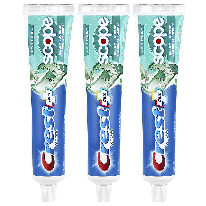 

Crest, Complete Plus , Scope + Whitening, зубная паста с фтором, мятная свежесть в полоску, 3 пакетика по 153 г (5,4 унции)