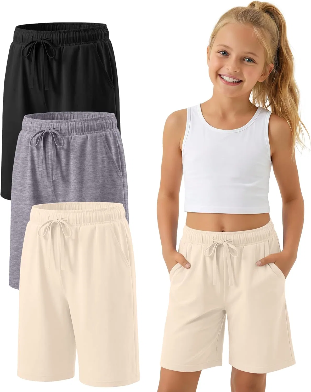 Детские бермуды 3 шт, YooAurvox, Black, Light Mixed Gray, Cream