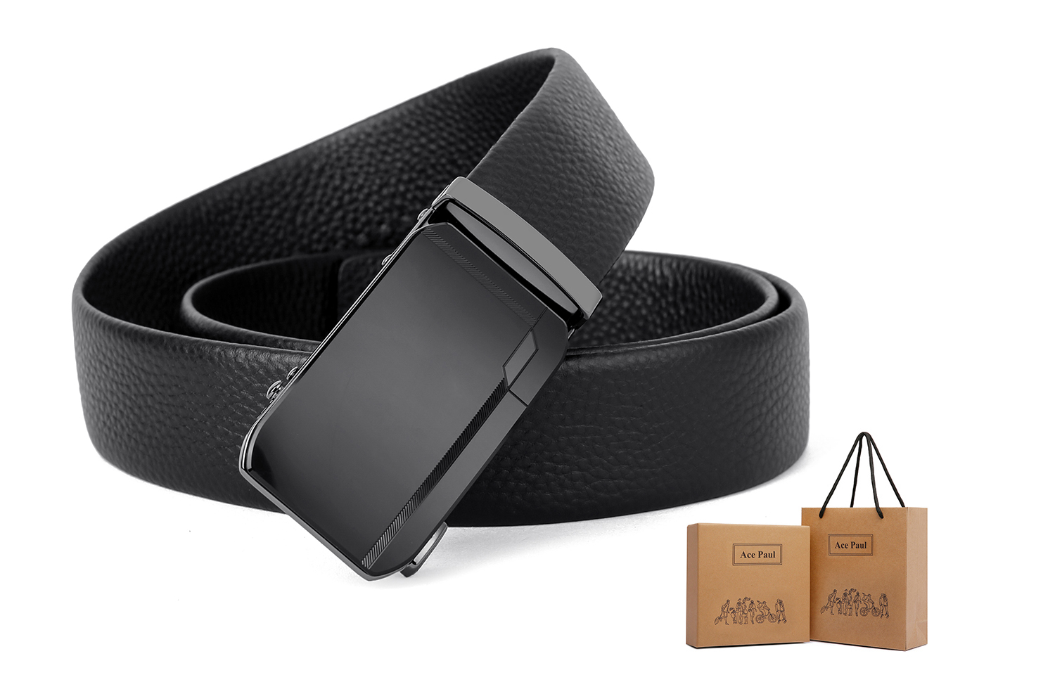 

Ace Paul Ремень из натуральной кожи для мужчин черный шириной 3.5 см, Black Mid-Length+120cm