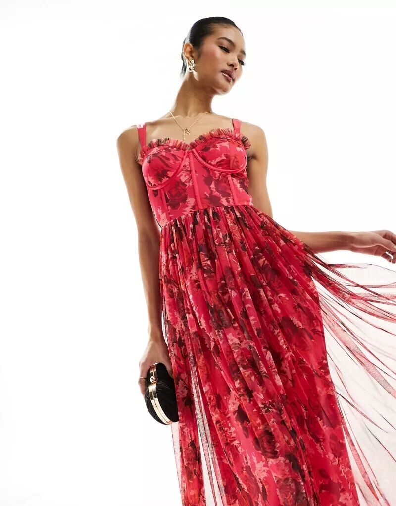 

Платье миди из тюля с корсетом Lace & Beads розово-красного цвета с цветочным принтом