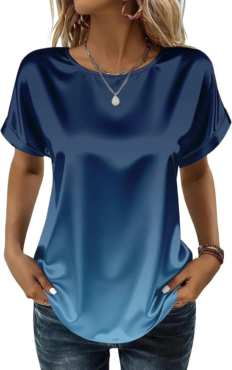 Блуза женская с коротким рукавом, сатин, Royal Blue