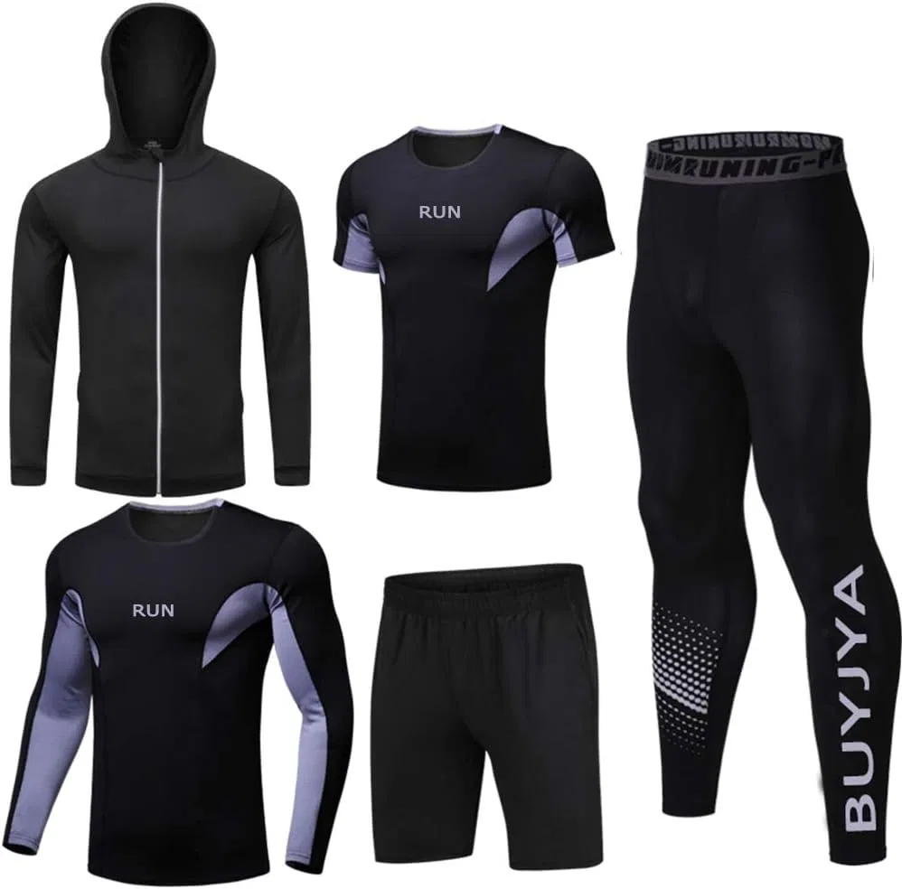 BUYJYA 5 шт. Мужские компрессионные штаны, рубашка, топ, куртка с длинным рукавом, спортивный комплект, одежда для спортзала, мужская одежда для тренировок, B Style