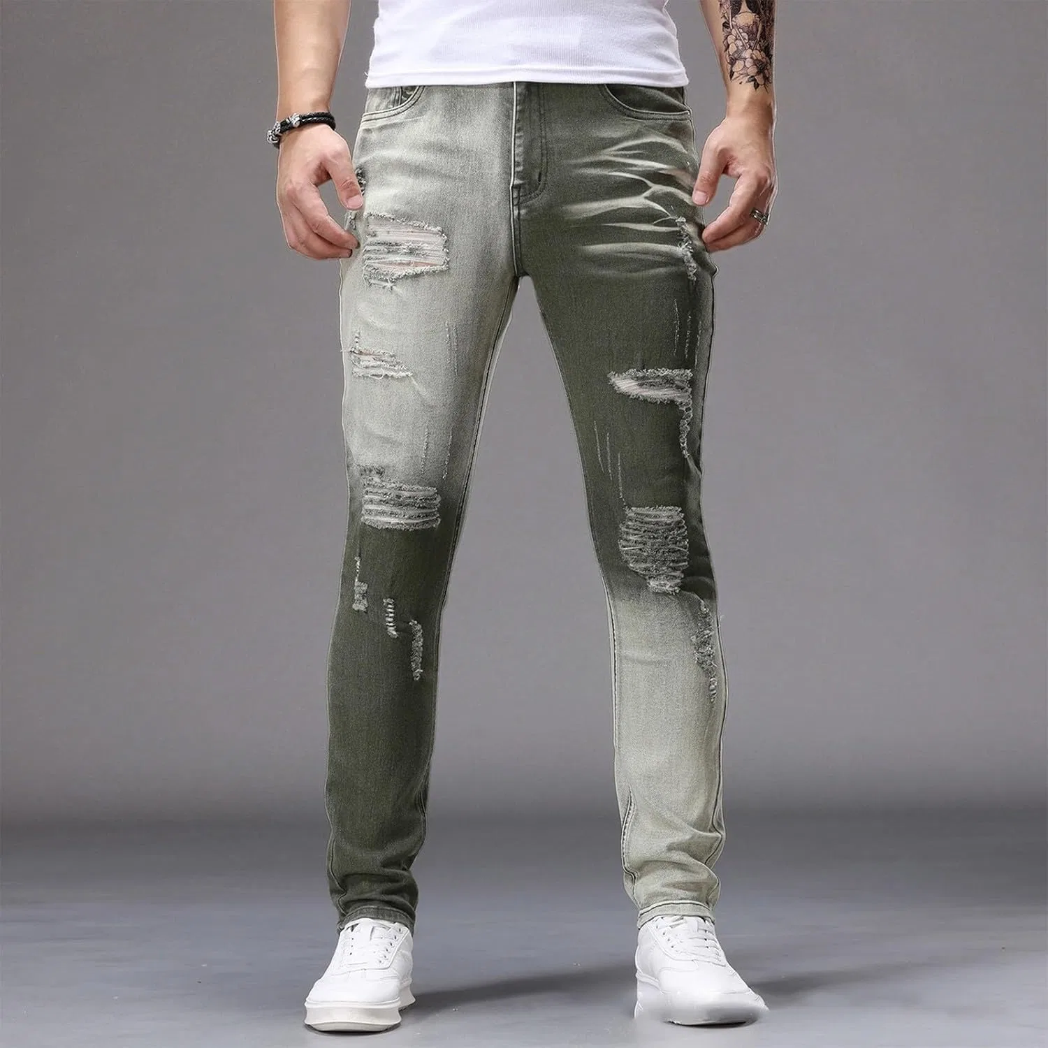 Джинсы скинни рваные, Army Green — фото 3