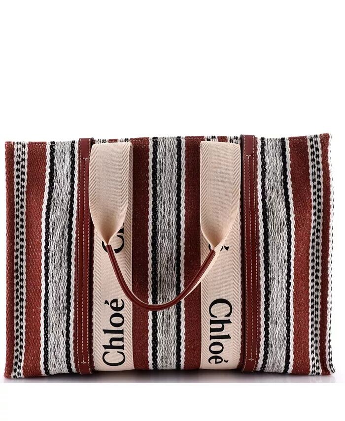 

Большая деревянная сумка-тоут из полосатого льна Pre-Owned Chloe, коричневый