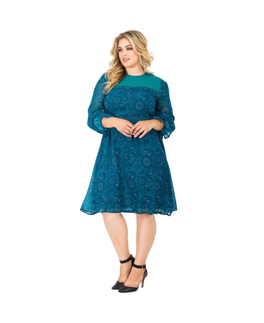 

Женское платье больших размеров из шифона длиной до колена с пышными рукавами Standards & Practices, Turq paisley