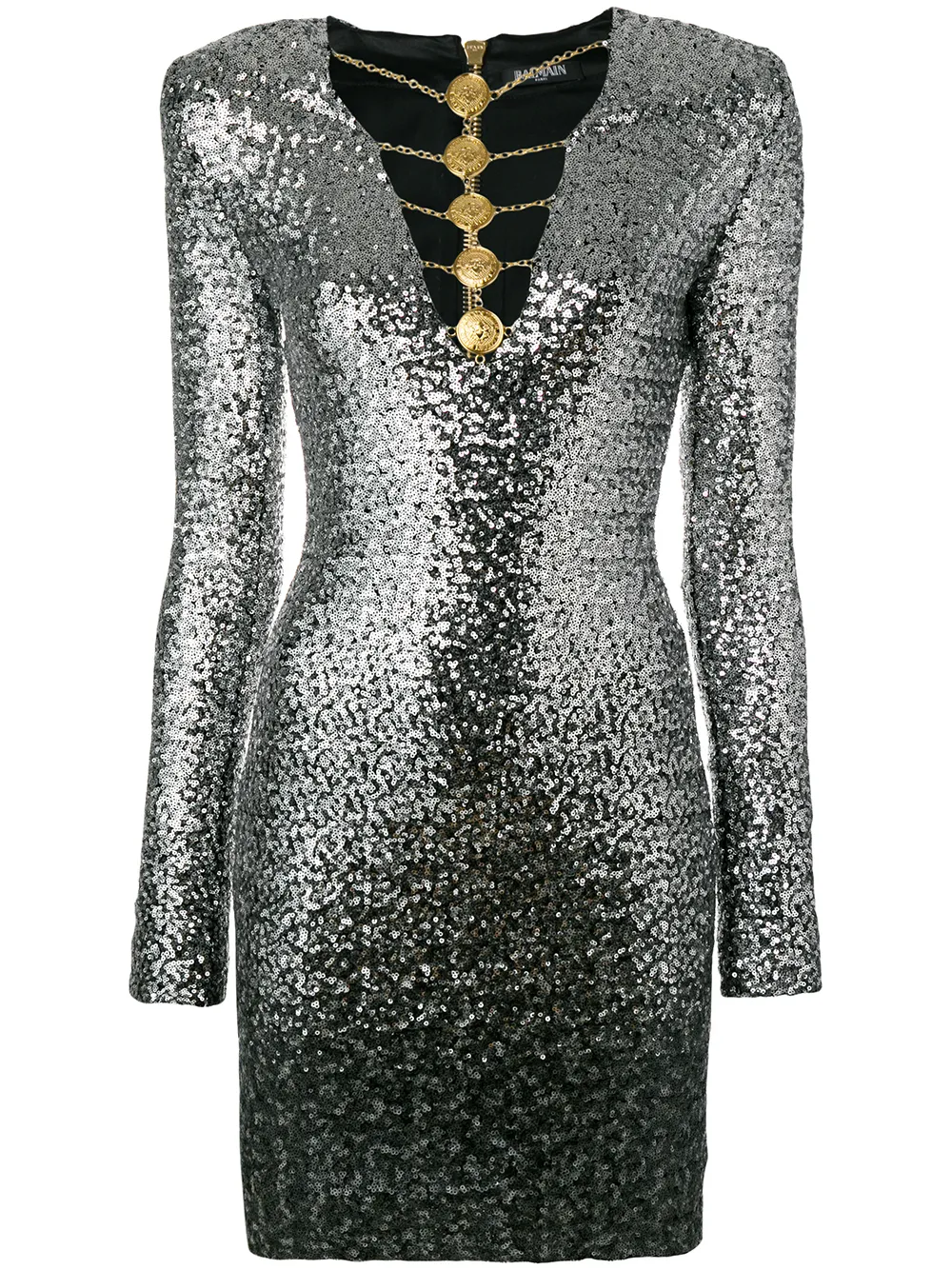 

Платье с отделкой пайетками и декором из медальонов BALMAIN, металлик