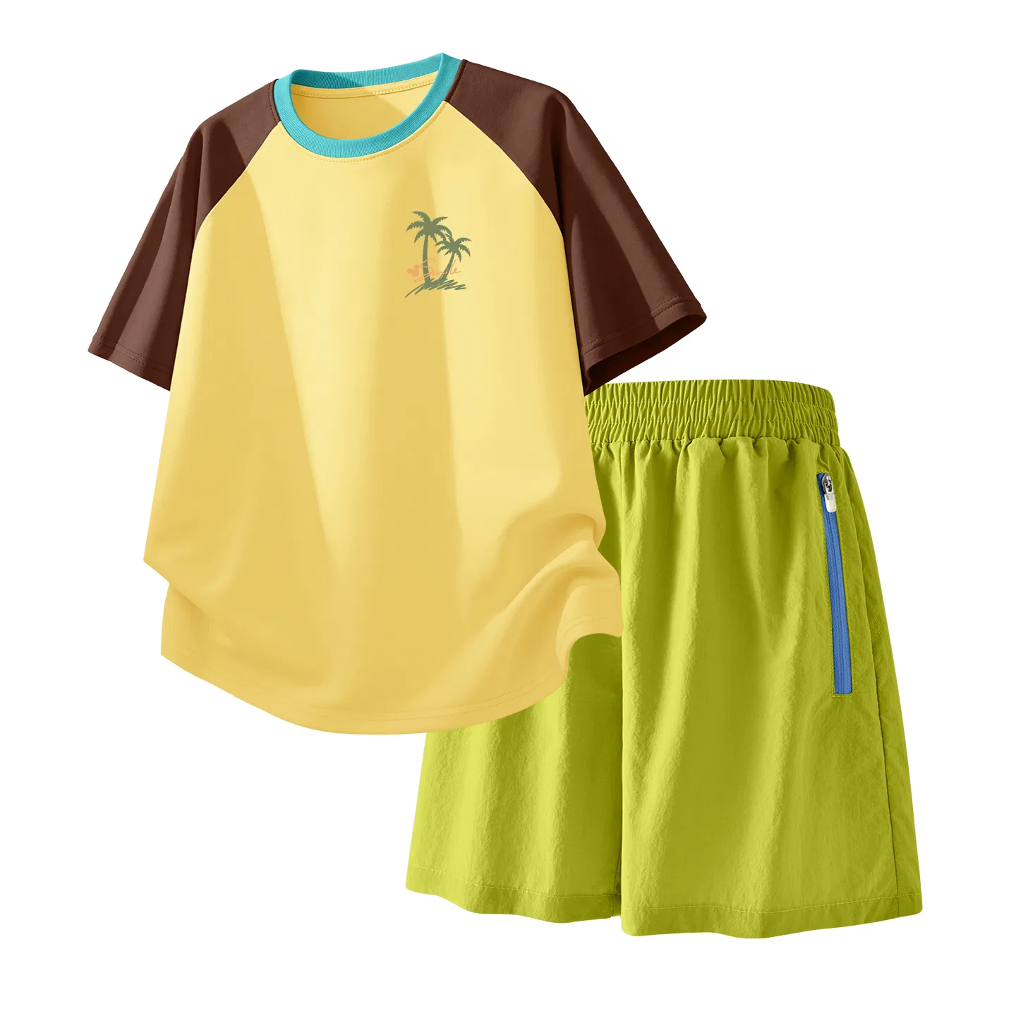 Детский спортивный костюм Casual Sportswear 2 Piece Set Disney, Coconut Palm Mickey K Brown Yellow+Solid Color Camellia Green