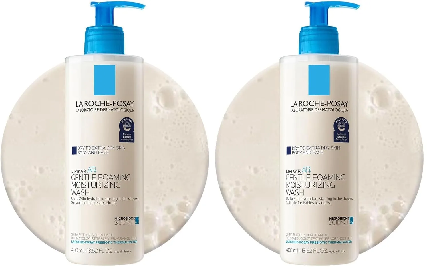 Увлажняющий пенящийся гель для душа La Roche-Posay Lipikar AP+, масло ши + ниацинамид + глицерин, для сухой кожи, одобрен Национальной ассоциацией по борьбе с экземой, протестирован дерматологами. 399 мл (2 шт.)