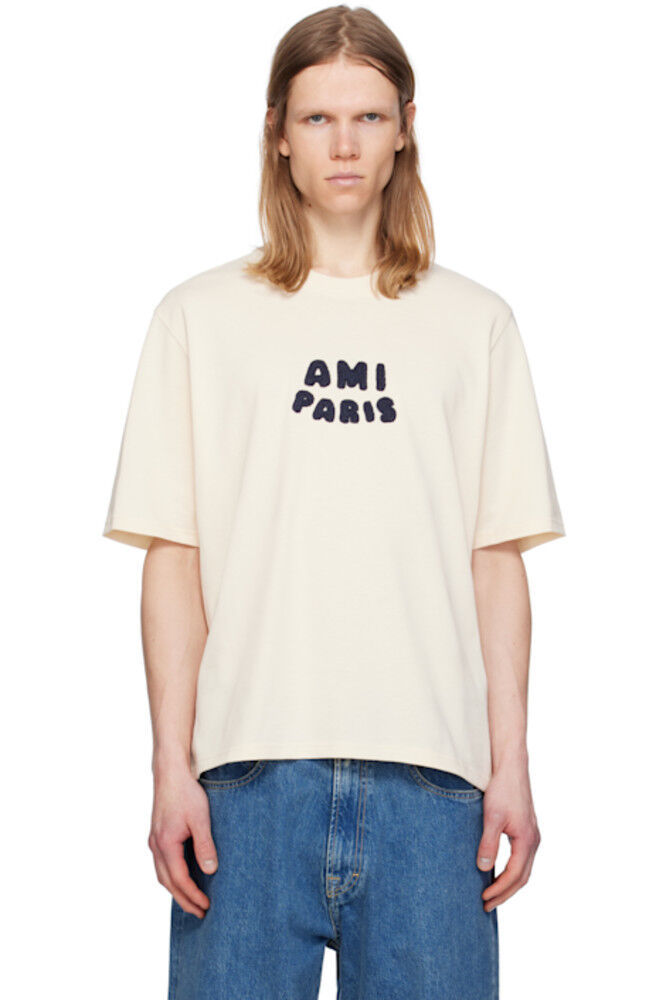 

Футболка бежевого хлопка с нашивкой «Ami Paris»
