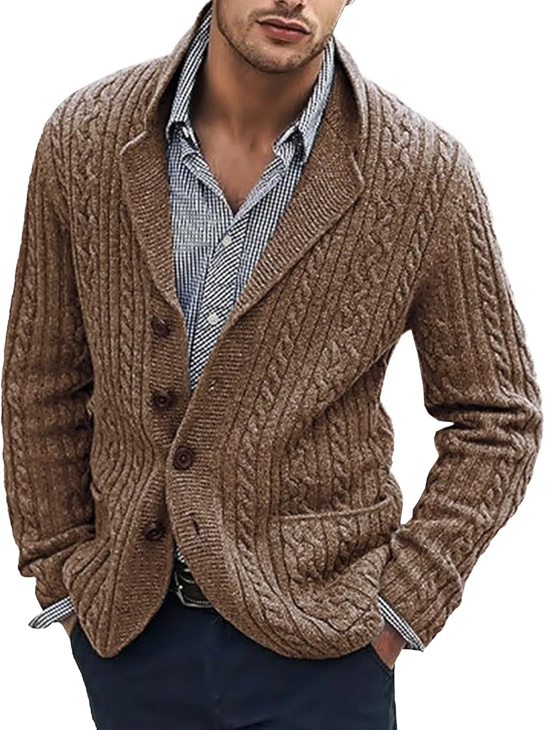 

Мужской кардиган с шальным воротником, кабельная вязка DGHM-JLMY