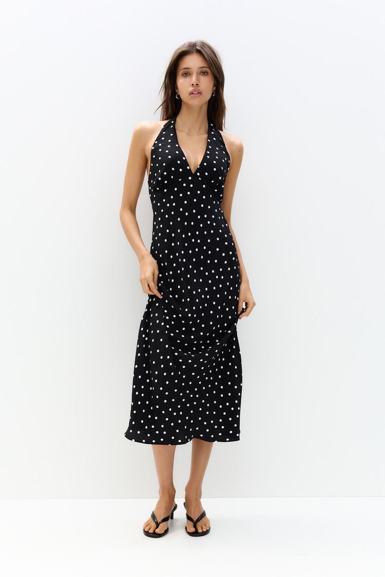 

Платье миди в горошек Pull And Bear, черный
