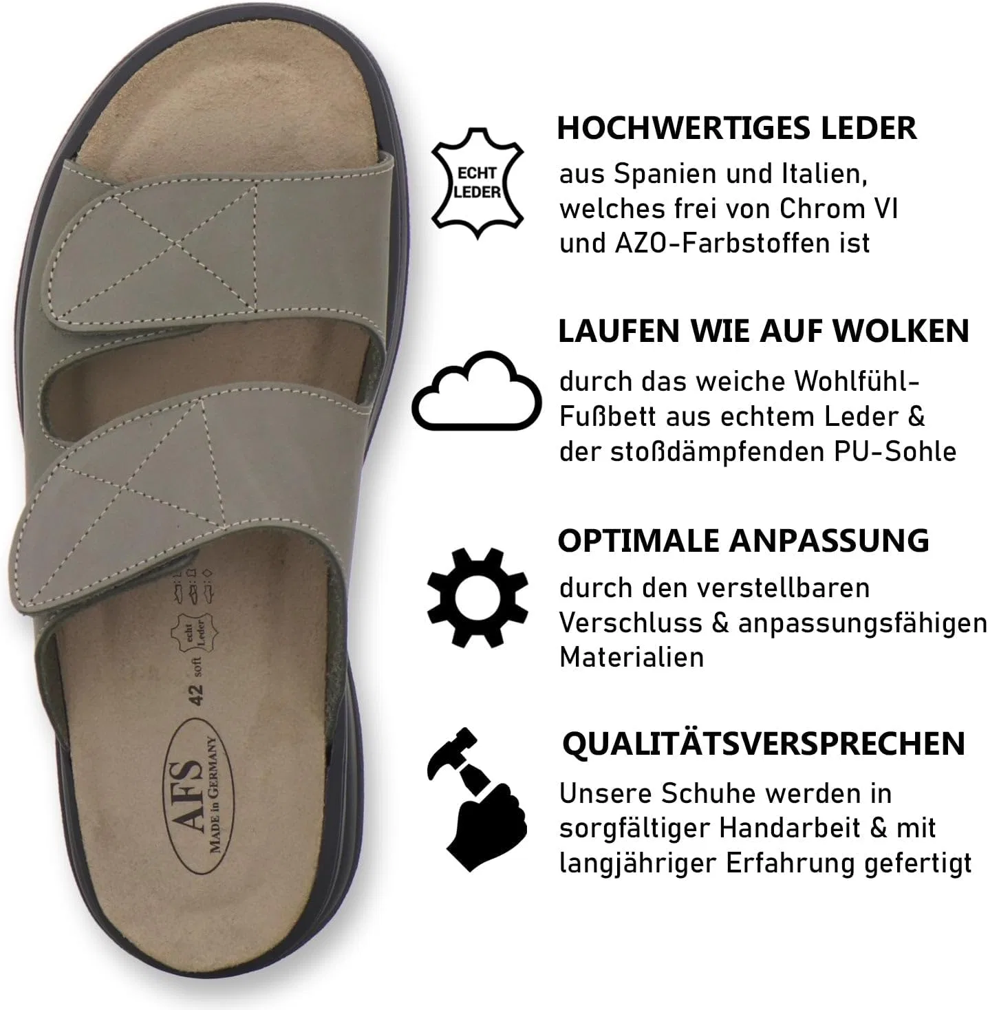 Удобные мюли AFS-Schuhe 3502 со сменной стелькой для мужчин, кожаные, рабочие тапочки, сделано в Германии, Khaki — фото 2