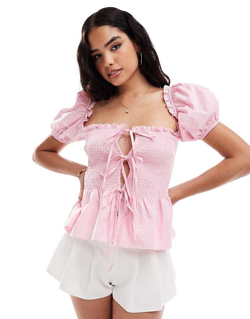 

Розовая блузка из поплина со сборками и объемными рукавами ASOS DESIGN