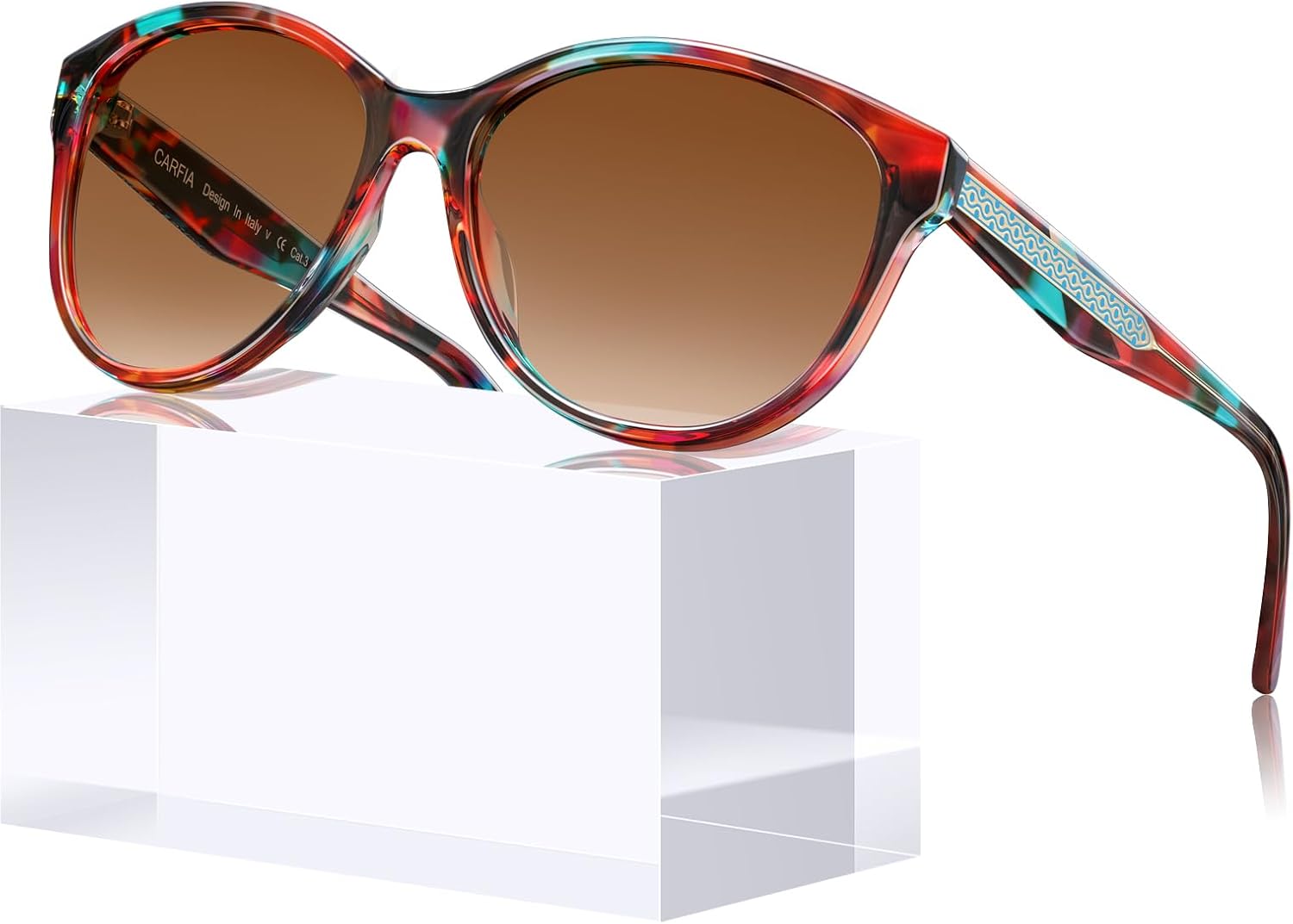 

Женские поляризованные солнцезащитные очки CARFIA Cateye с защитой от УФ-излучения, итальянская оправа из ацетата ручной работы с рельефным узором и проволочным сердечником, 7. Red Floral Frame Gradient Brown Lens