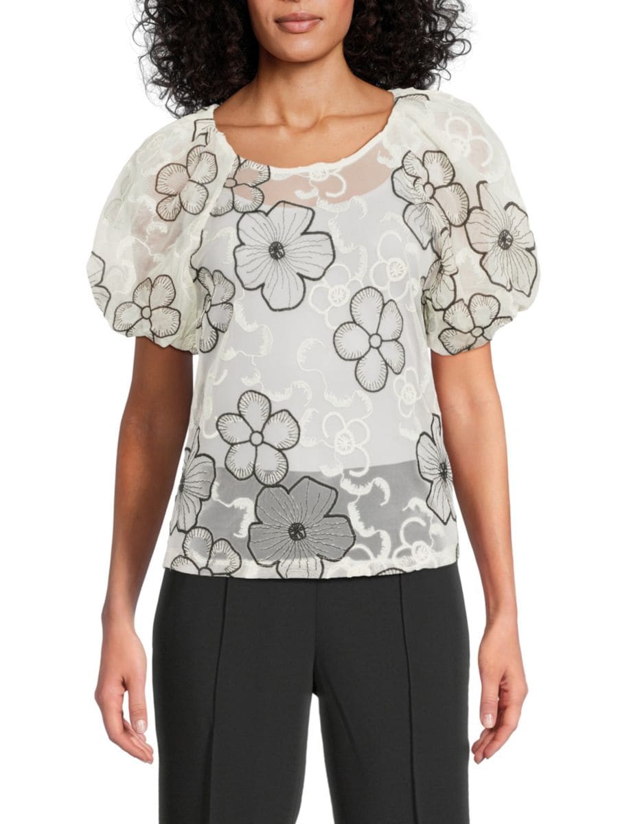 

Топ с вышитыми сетчатыми рукавами-буфами Laundry by Shelli Segal, цвет Marshmallow