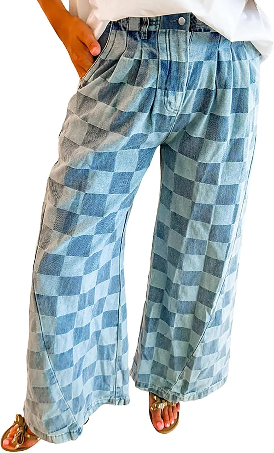 

Женские джинсы в клетку с высокой талией и широкими штанинами TACSTRUN