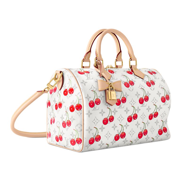 LOUIS VUITTON Сумка-шоппер Takashi Murakami Cherry Speedy Soft Bandouliere 30 белая с монограммой — фото 2