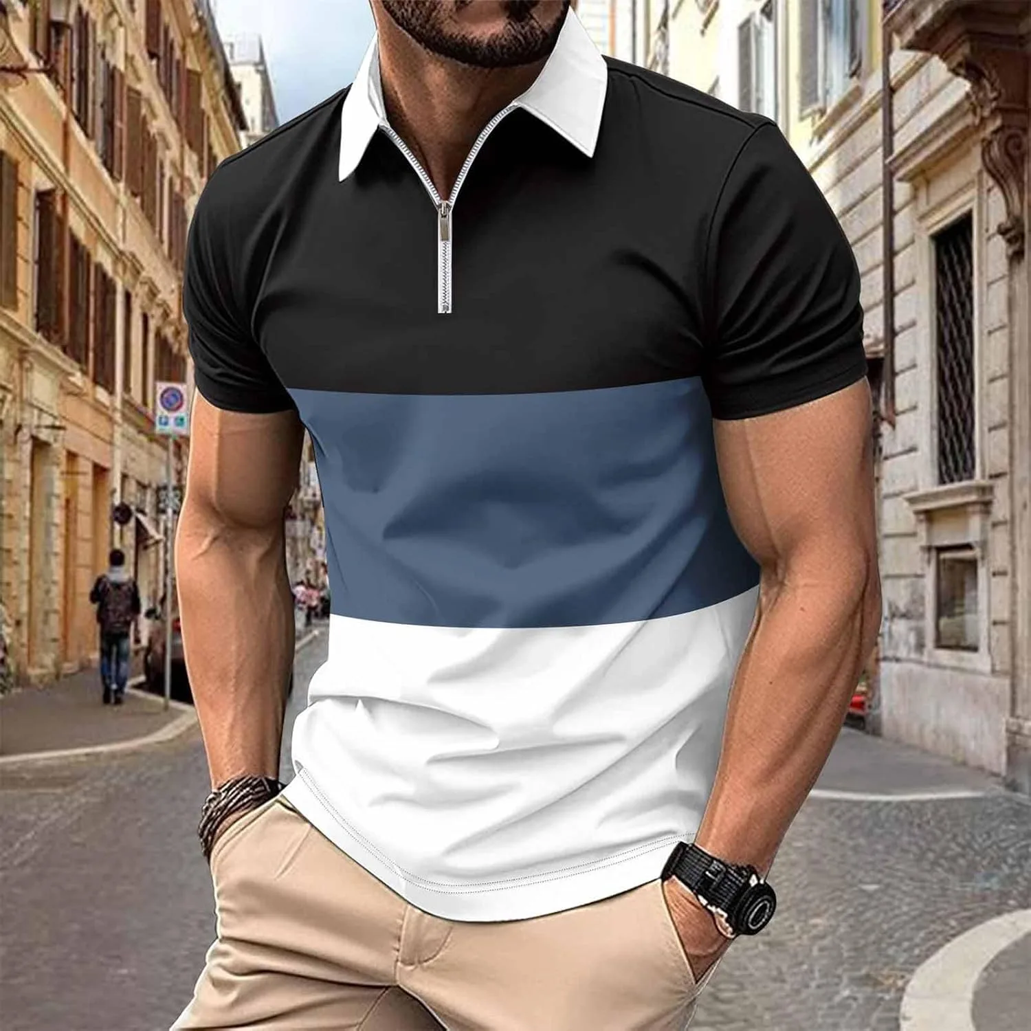 Футболка для гольфа мужская Quarter Zip с коротким рукавом и цветными блоками — фото 2