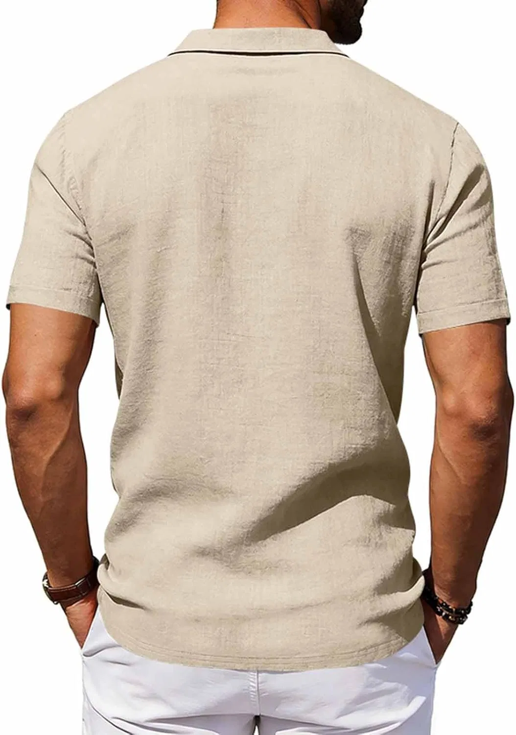 Футболка мужская с воротником на пуговицах, Cotton Linen, Khaki — фото 4