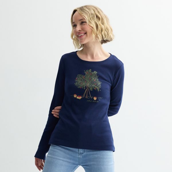 

Женская футболка с длинным рукавом и мотивом урожая Croft & Barrow, цвет dark blue tree graphic