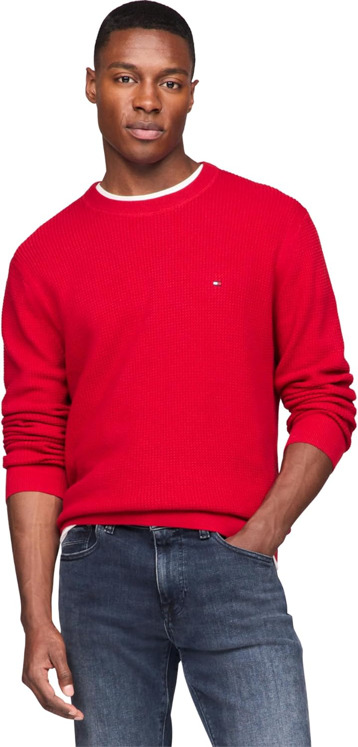 

Мужской свитер Tommy Hilfiger с вафельной вязкой и круглым вырезом, легкий пуловер, также доступен в размерах для больших и высоких женщин., Primary Red