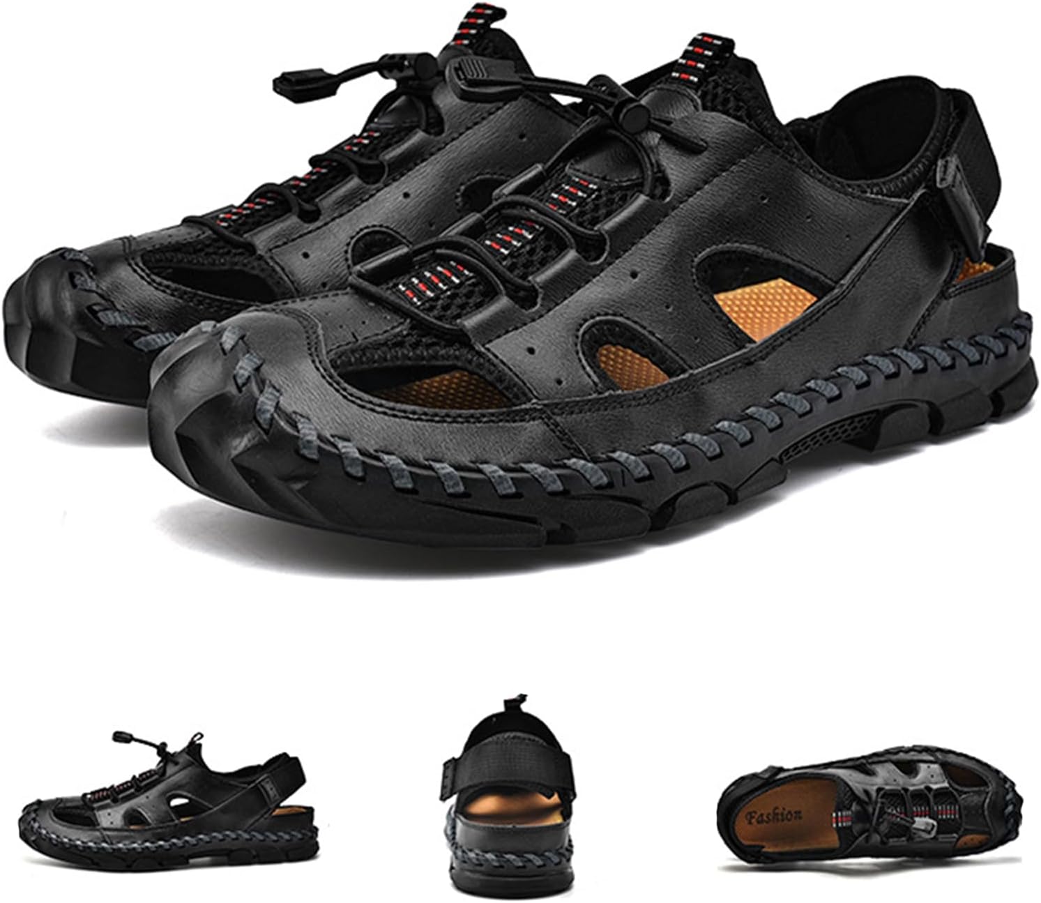 

Мужские спортивные сандалии ручной работы из натуральной кожи с закрытым носком, для рыбалки и пляжа, походные водные туфли, легкие сандалии для повседневного ношения Zlnmld, черный