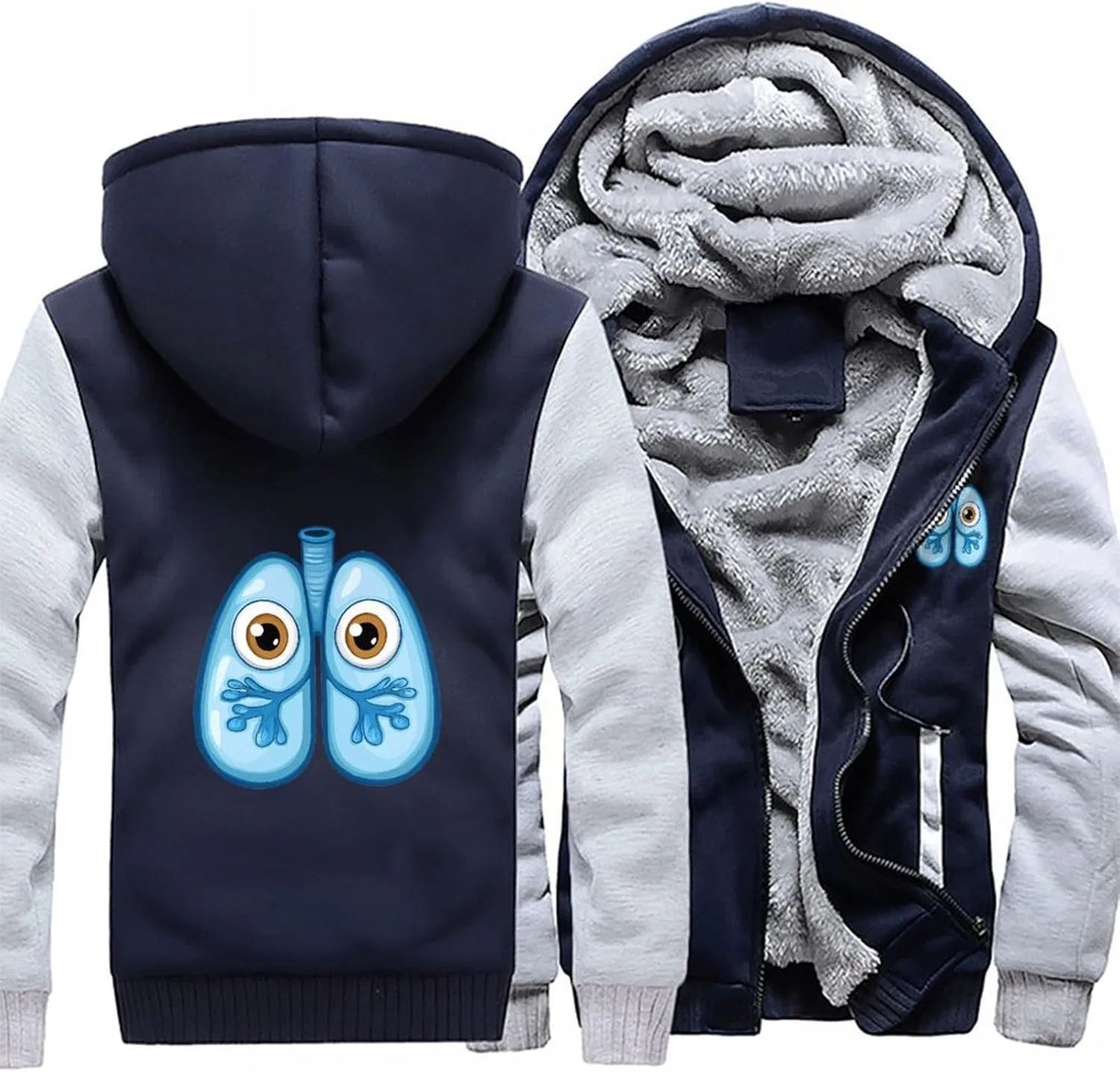 Худи мужское с принтом Cute Lungs, на молнии, флисовое, серое — фото 3