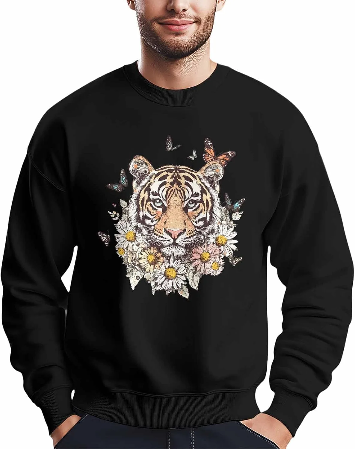 

Мужской свитшот с принтом Tiger Daisy Butterfly, Crewneck, длинный рукав Winvebermior