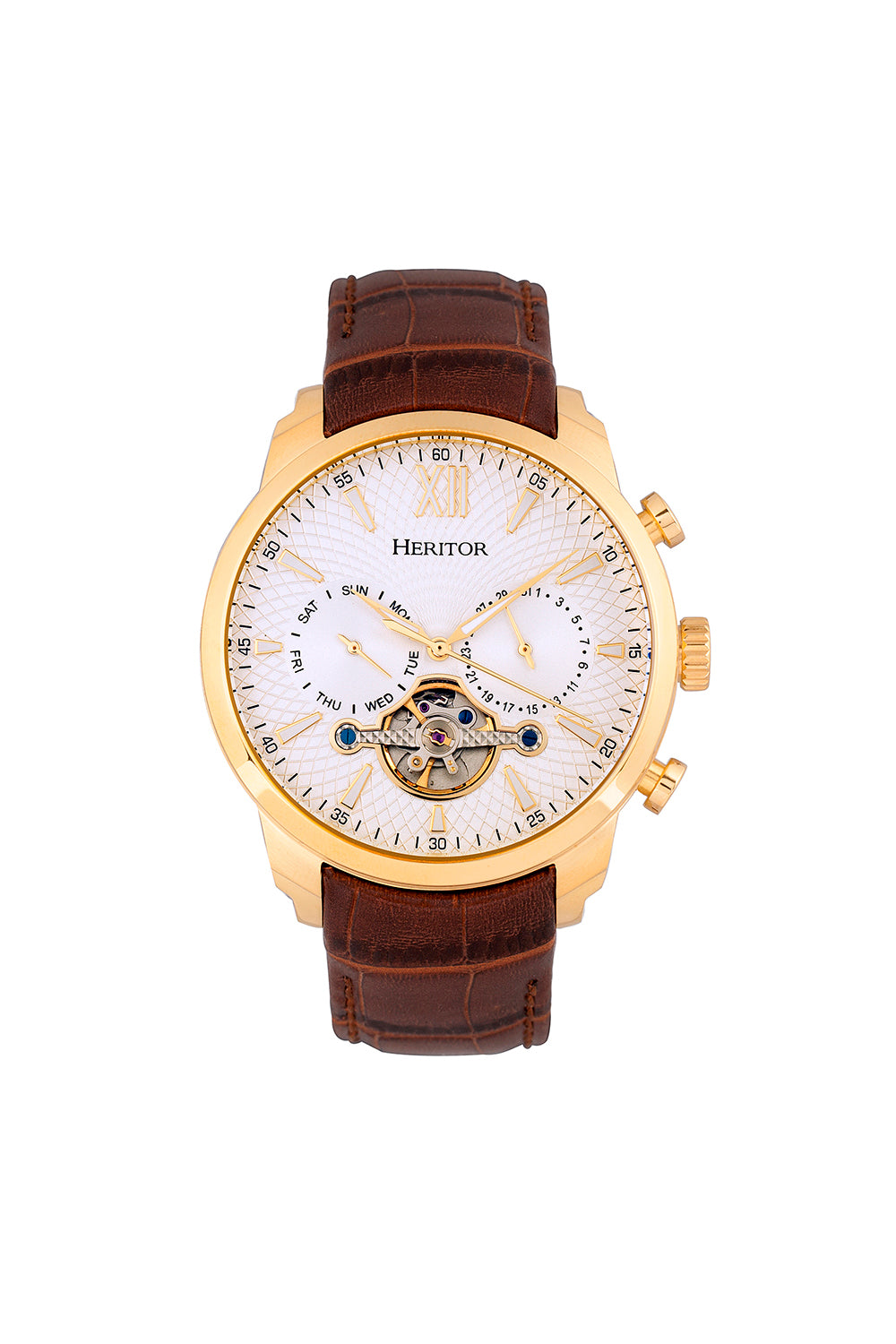 

Часы Arthur Semi-Skeleton с кожаным ремешком, с указателем дня недели и даты Heritor Automatic, золотой