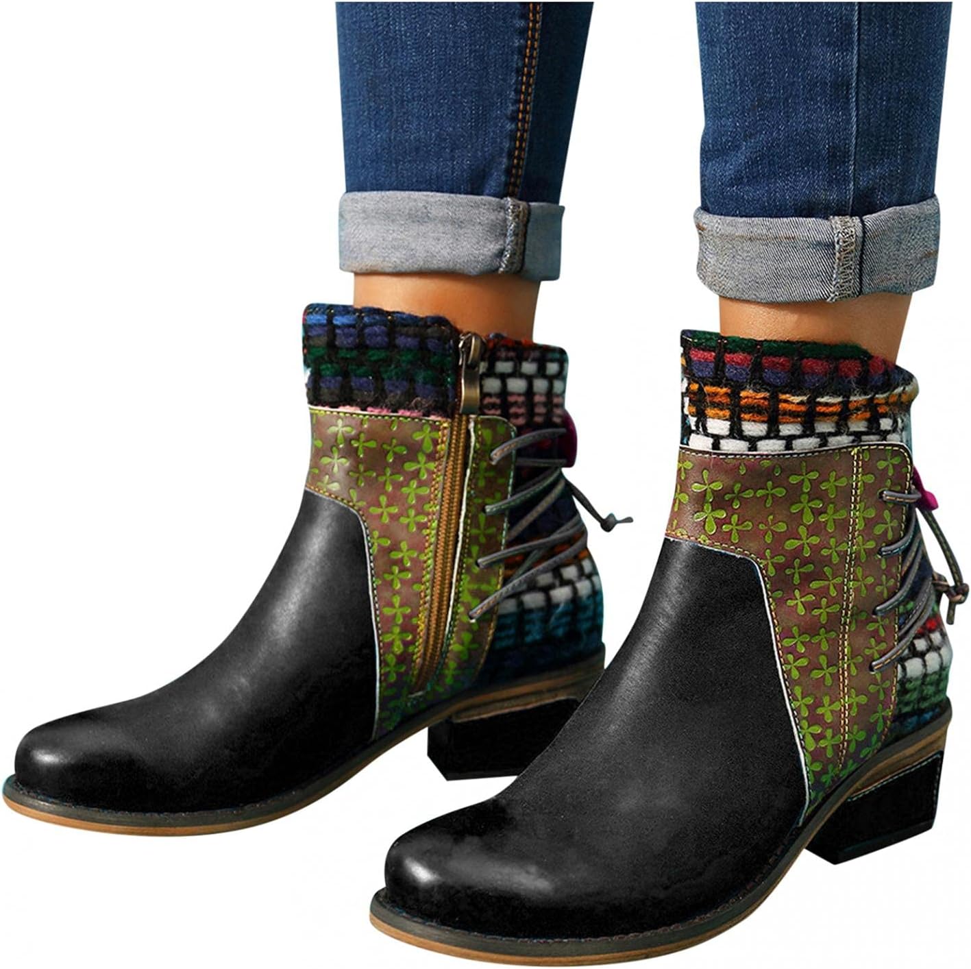 

Женские винтажные ботинки Hbeylia в этническом стиле бохо, из кожи, с круглым носком, шнуровкой, массивным блочным каблуком средней высоты, короткие ботильоны до щиколотки, бохо-ретро с металлическим носком, с боковой молнией, для женщин, черный