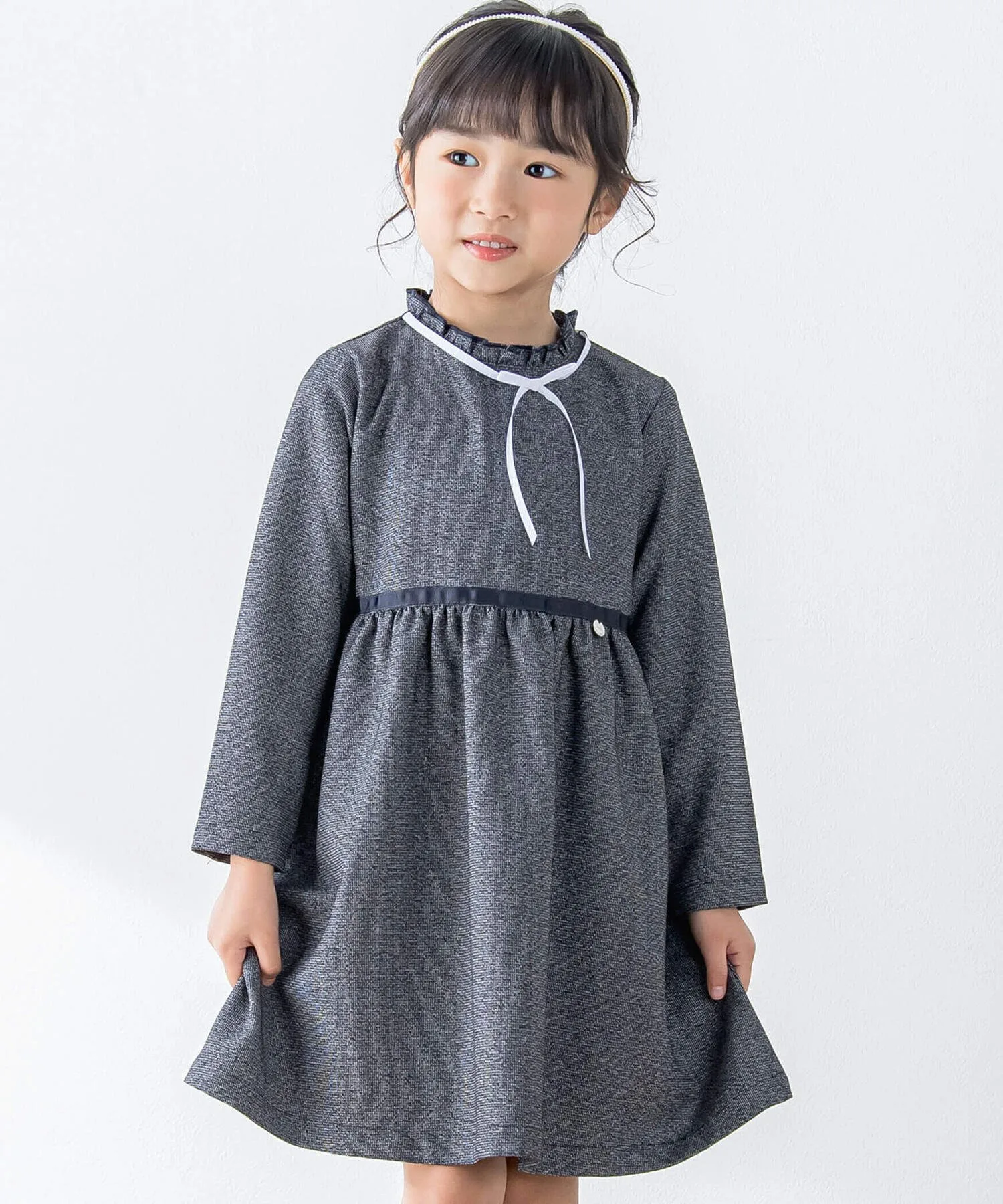 Платье в клетку с лентой (110-130 см) в тон BeBe Petits Pois Vert, Navy (checked pattern)