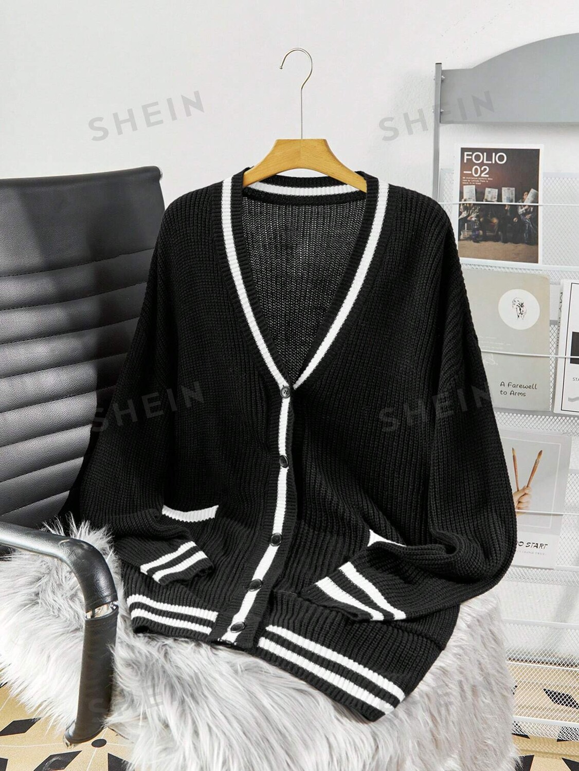 

EZwear Контрастный вязаный кардиган Для женщин больших размеров Shein, черный