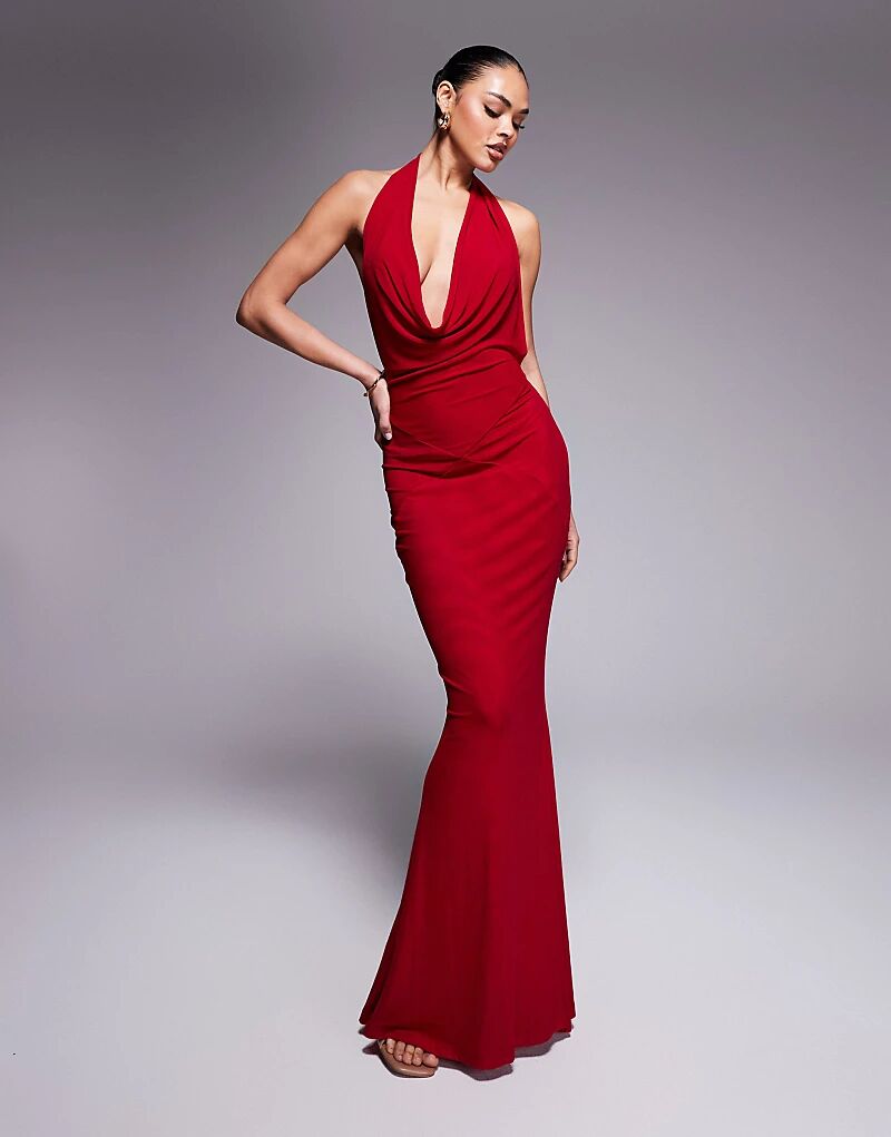 

Эксклюзивное красное сетчатое платье-макси Murci с открытой спиной и воротником-халтер.