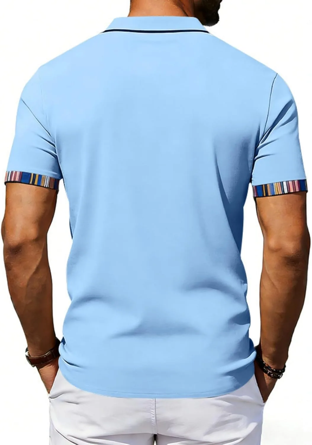 Футболка-поло для мужчин с коротким рукавом, цветной блок и полосой, slim fit — фото 4