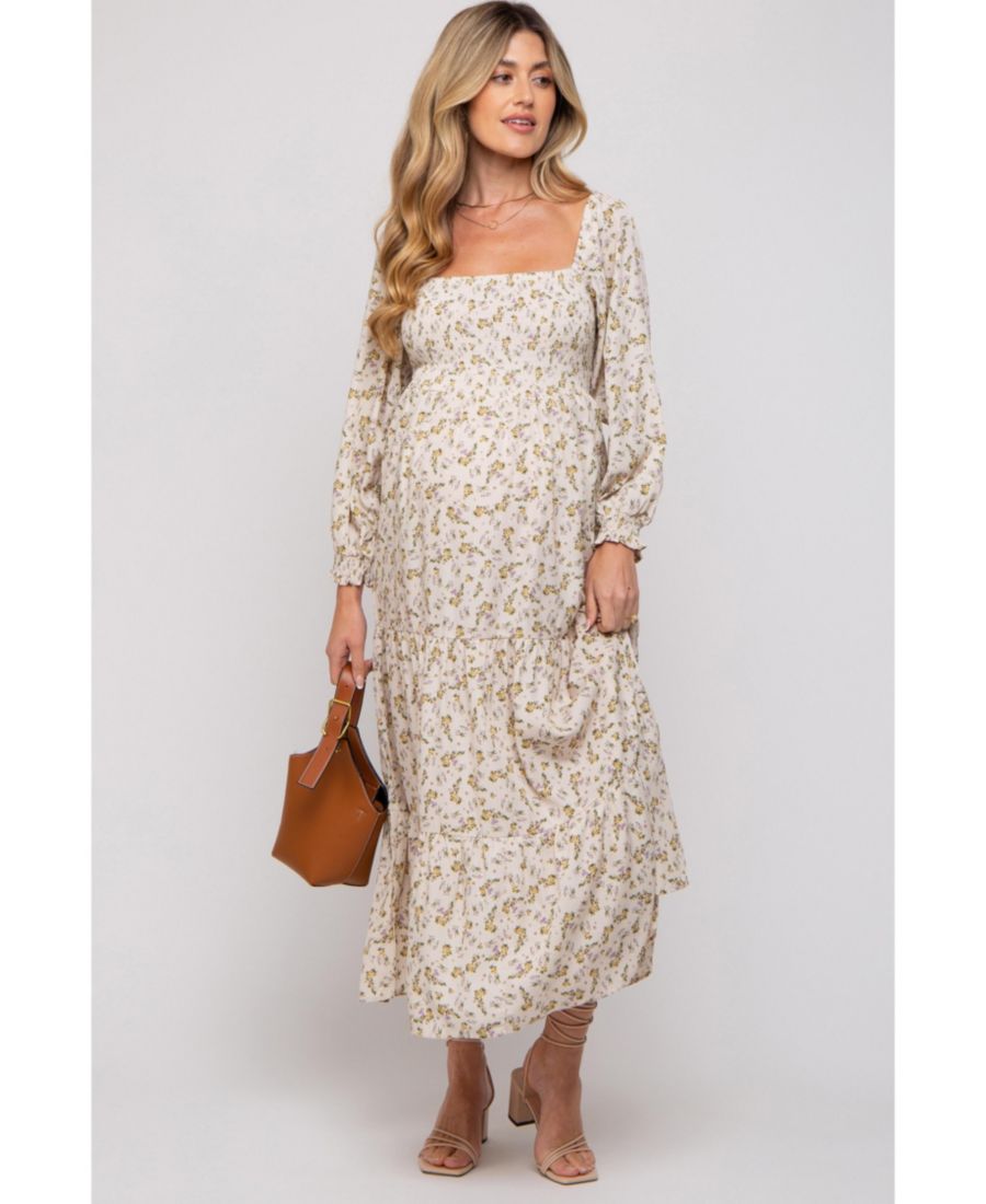 

Платье-макси для беременных кремового цвета с цветочным принтом и сборками, с длинными рукавами Pinkblush, Cream