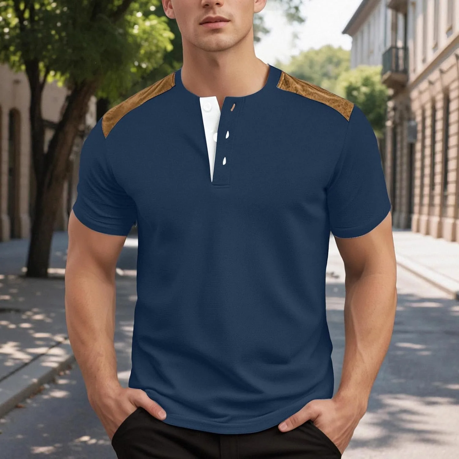 Мужская футболка Henley с коротким рукавом и воротником-гольф — фото 2