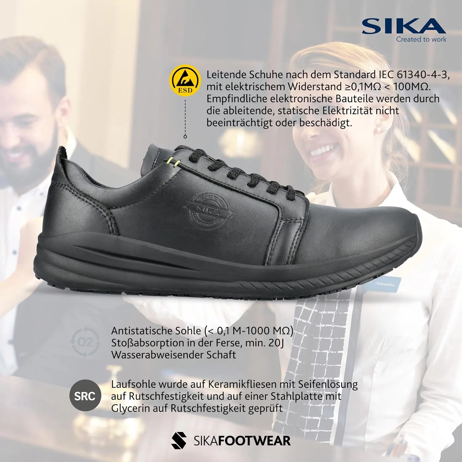 Рабочие кроссовки SIKA Sneaker Lifegrip ESD для мужчин и женщин, O2 SRC | Легкая рабочая обувь с первоклассной противоскользящей подошвой и амортизацией | Мягкая обувь для медицинского персонала, больниц и кухни, Black — фото 2