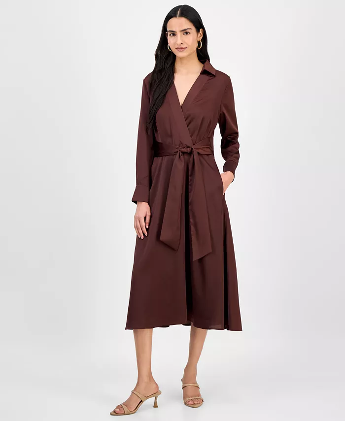 

Женское платье миди с V-образным вырезом и завязкой на талии Tahari ASL, коричневый