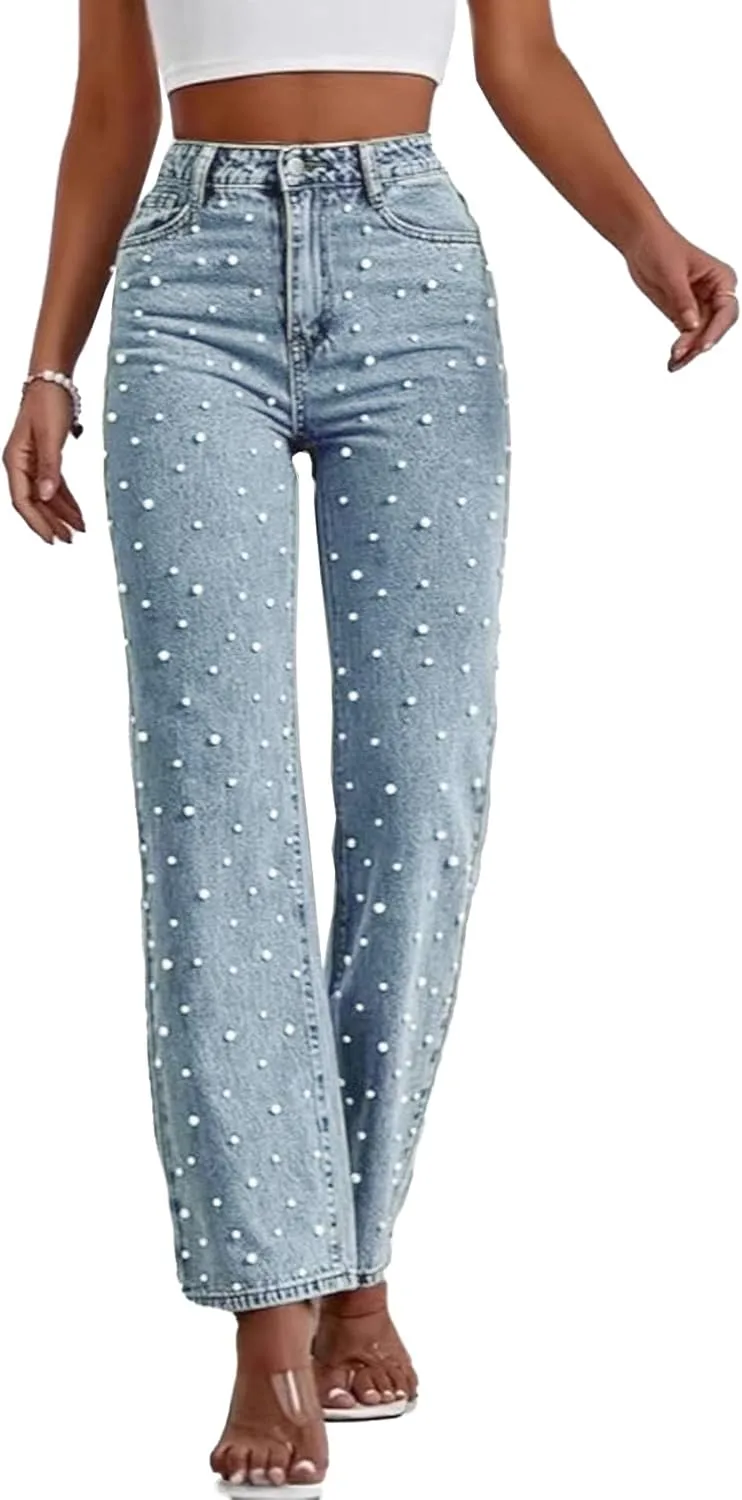 

ECDAHICC женские джинсы с высокой талией и прямыми штанинами