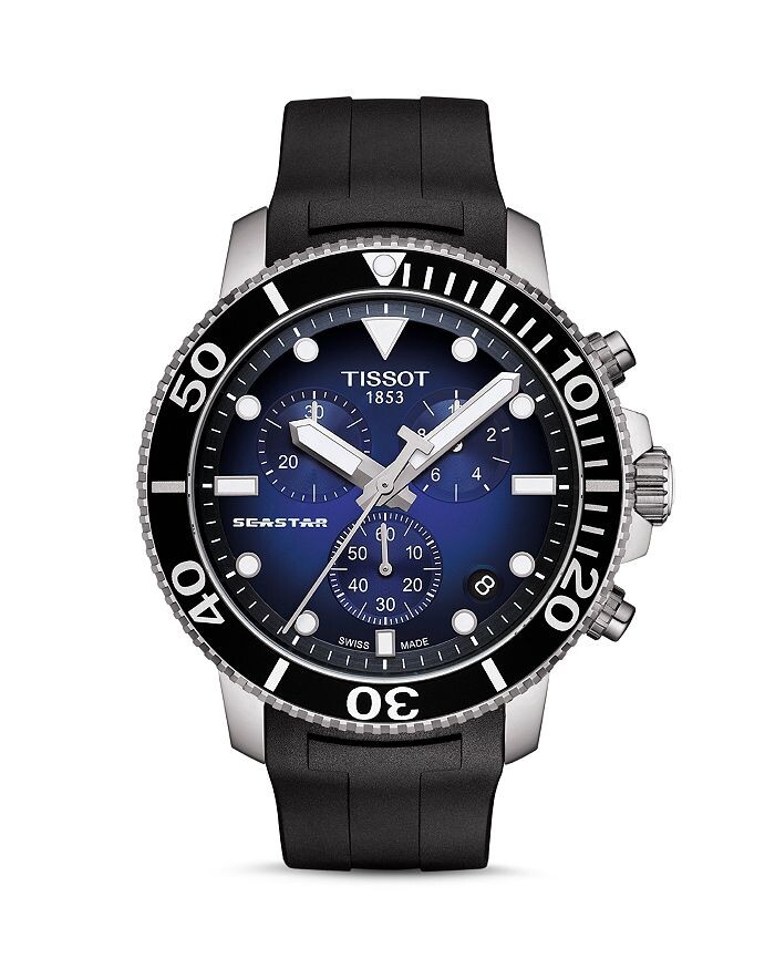 

Хронограф Tissot Seastar 1000 с синим циферблатом и черным каучуковым ремешком, 45,5 мм