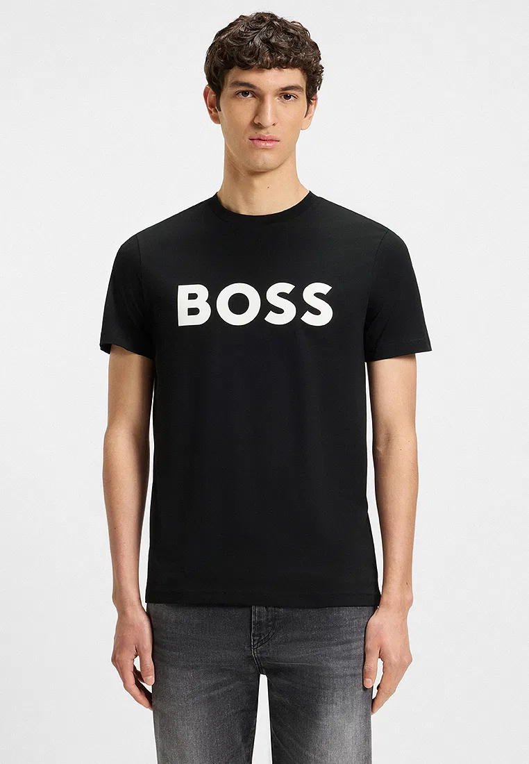 Футболка с принтом, хлопковый джерси, BOSS Orange, черный