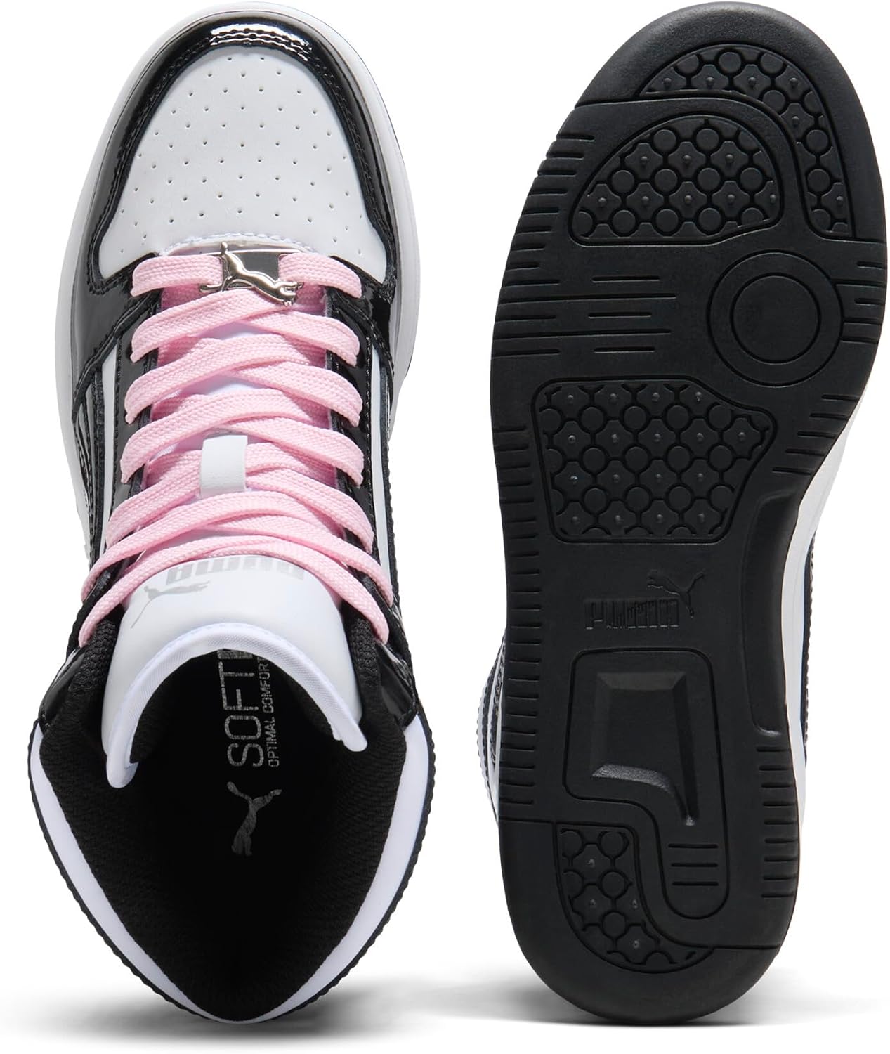Кроссовки PUMA Rebound Layup Mid для мальчиков, белый/черный/розовый/бледно-розовый — фото 3