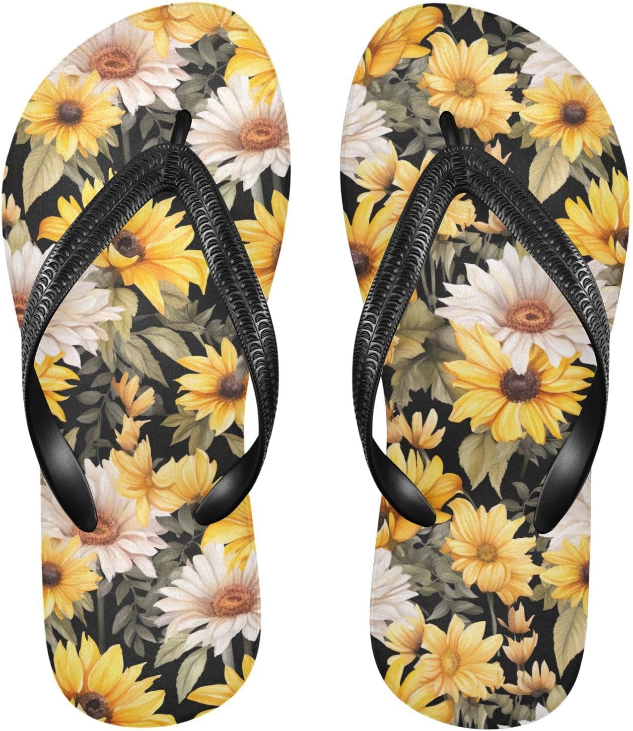 

Шлепанцы SPRIPORT с рисунком подсолнухов и листьев в акварельном стиле, тонкие, удобные, повседневные, с нескользящей резиновой подошвой, для прогулок, пляжа и лета, Multicoloured