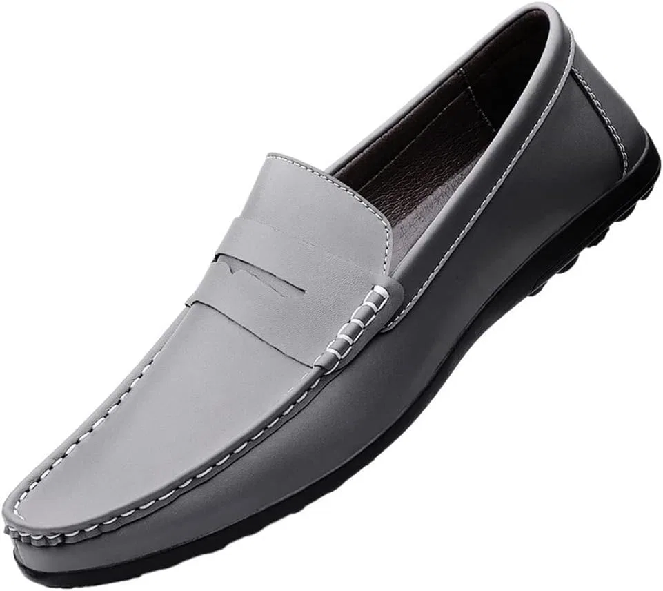 Лоферы кожаные Mens Loafers Penny Loafers Round Toe Simple Leather Anti-Slip Flexible Flat Heel Classic Slip-on, Серый SayfuR
