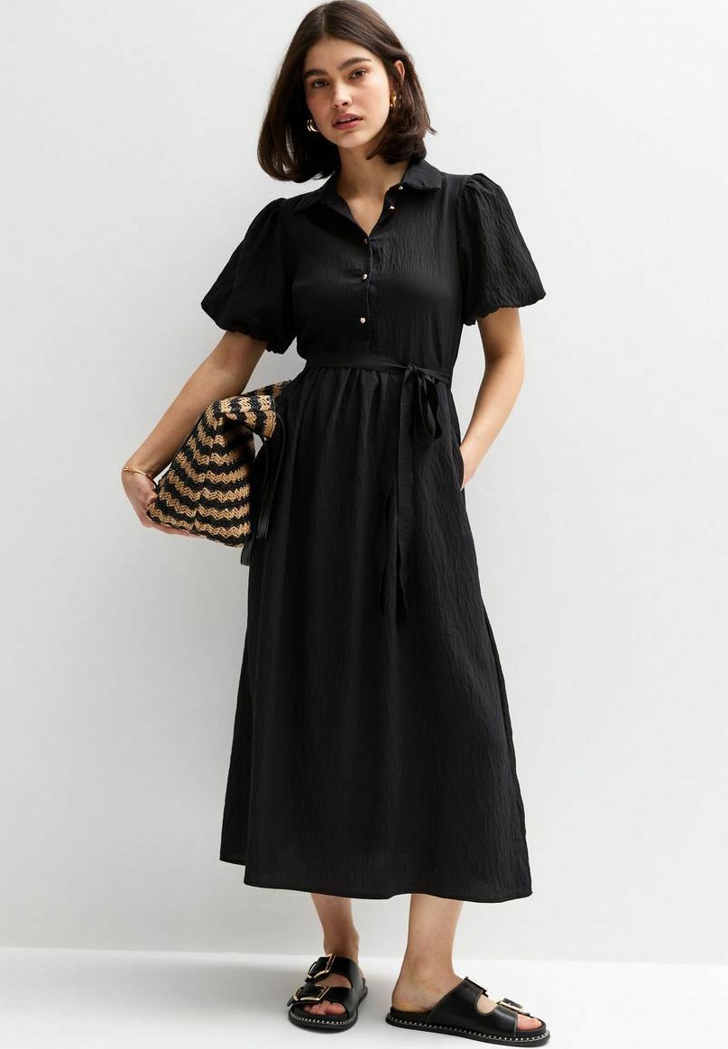 

Платье-рубашка CRINKLE TEXTURED PUFF SLEEVE BELTED MIDI New Look, черный